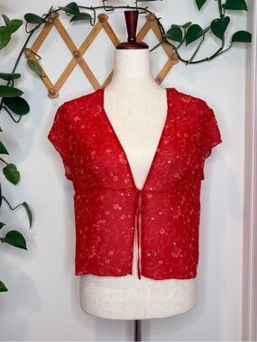 Vintage 90’s Y2K Ann Taylor Silk Tie Front Top Sequins Sheer Red